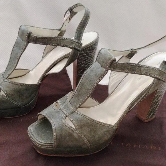 Elie Tahari Distressed Green Leather Platform Chunky Heeled Sandals Size 10 EUC - Picture 2 of 9